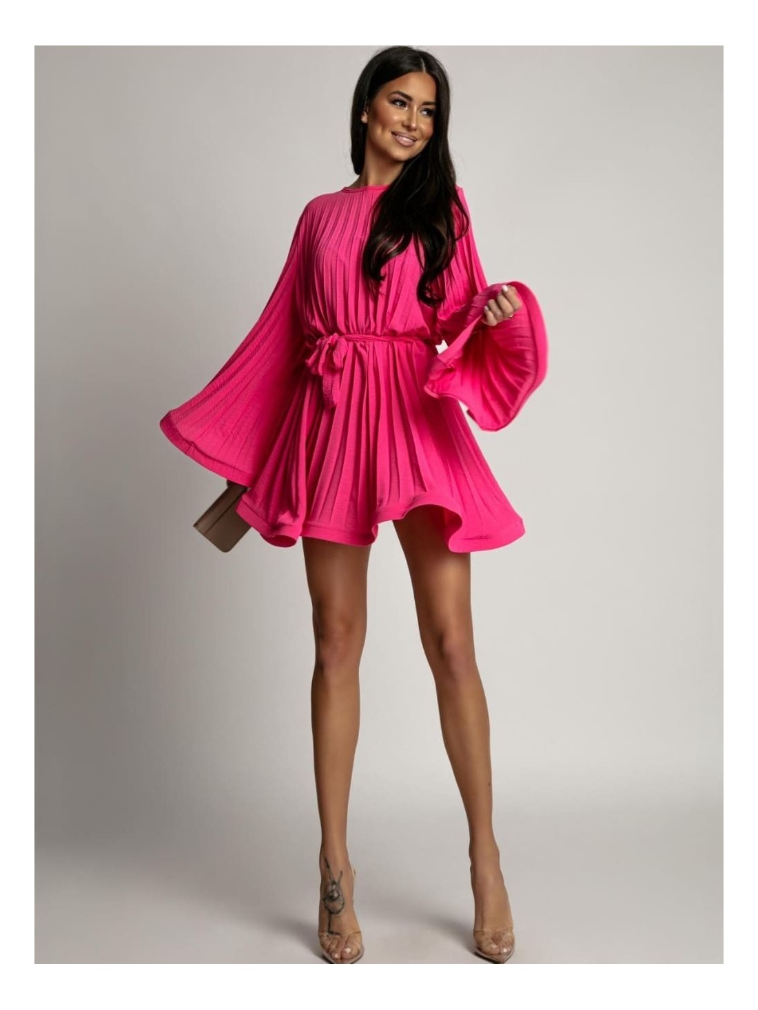 Pleated dress with wide sleeves, dark pink AZR2604